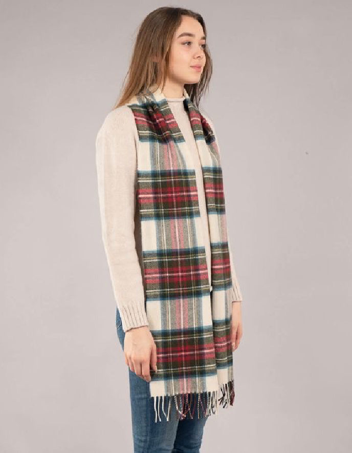 woman wearing a tartan wool scarf