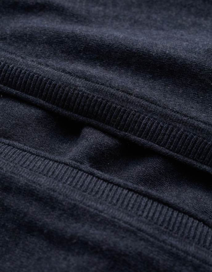 Close-up of dark blue fabric with a ribbed texture