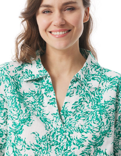 jade green and white fish floral print blouse