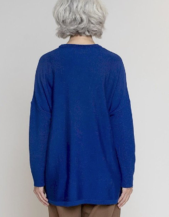 A person viewed from the back wearing a loose, long-sleeve royal blue top against a plain light gray studio background.