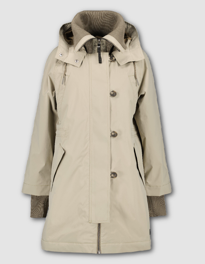 waterproof beige parka coat with hood and ribbed cuffs and stand up collar