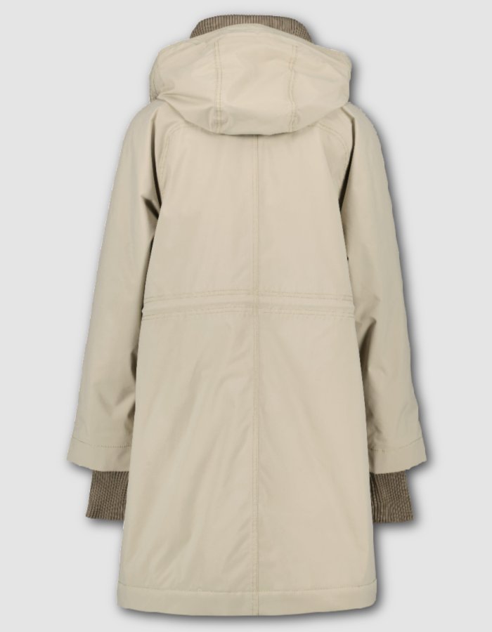 waterproof beige parka coat with hood and ribbed cuffs and stand up collar