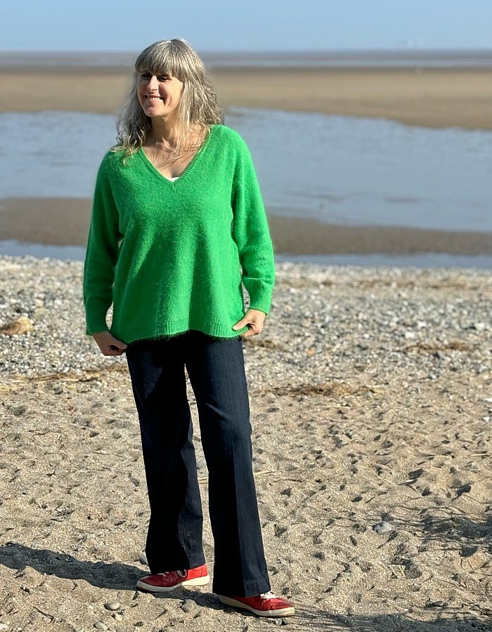 green v neck Angora sweater