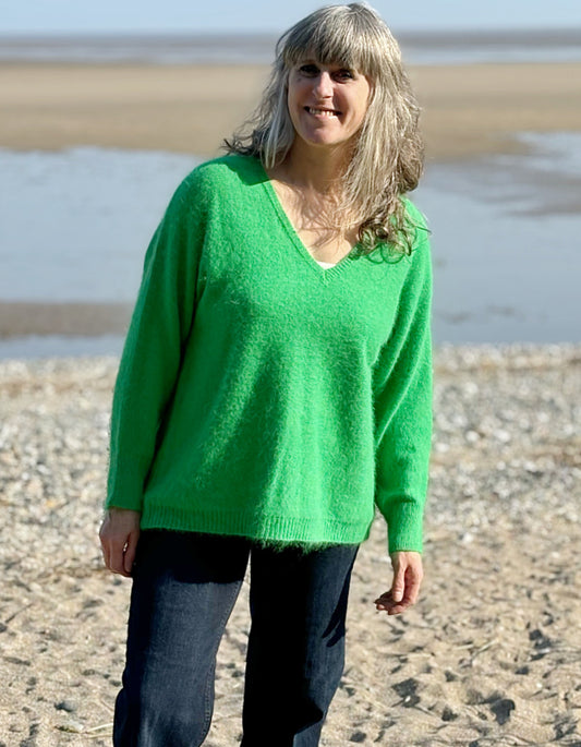 green v neck Angora sweater