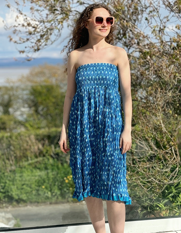one size skirt that can be worn as a dress in blue and turquoise geometric handblocked print