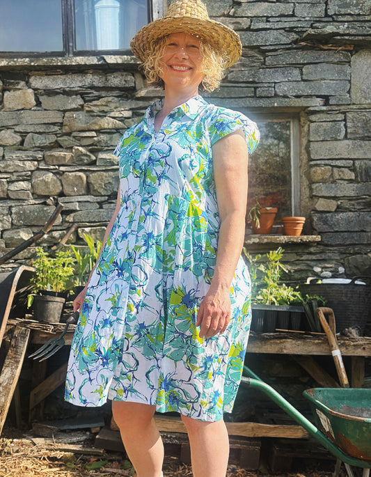 blue and lime cotton summer shirt style dress, knee length with capped sleeves