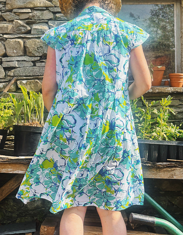 blue and lime cotton summer shirt style dress, knee length with capped sleeves