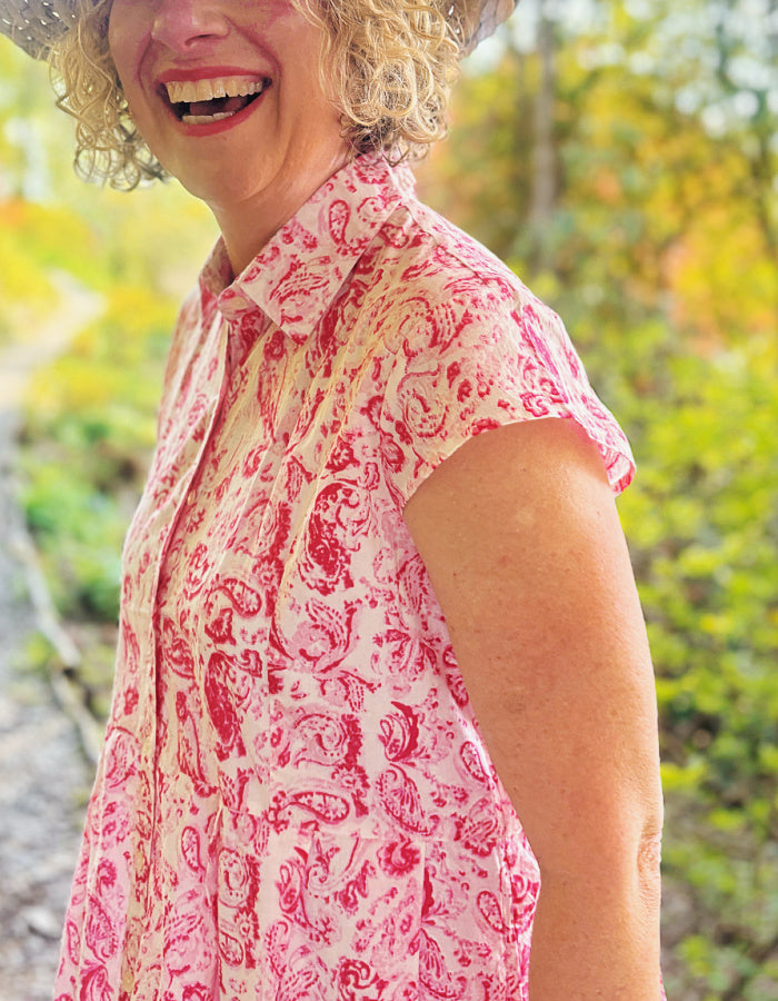 everyday summer cotton shirt style dress with a knee length and capped sleeves in a very pretty pink paisley print