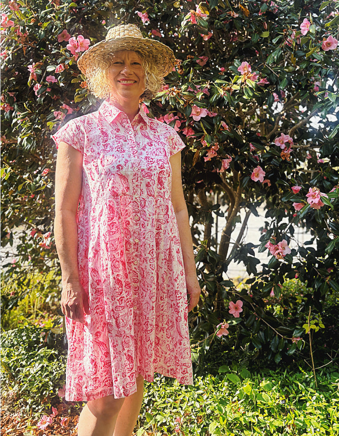 everyday summer cotton shirt style dress with a knee length and capped sleeves in a very pretty pink paisley print
