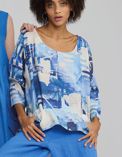 Luukaa Atlas Print Boxy Linen Top