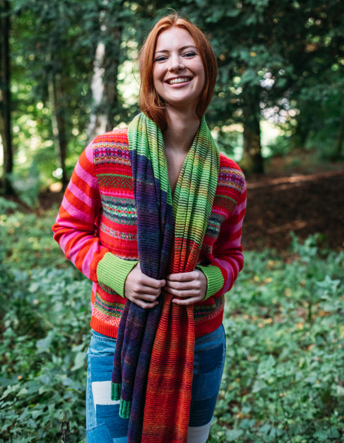 lightweight wool wrap scarf with block colour stripes in lime green orange and purple