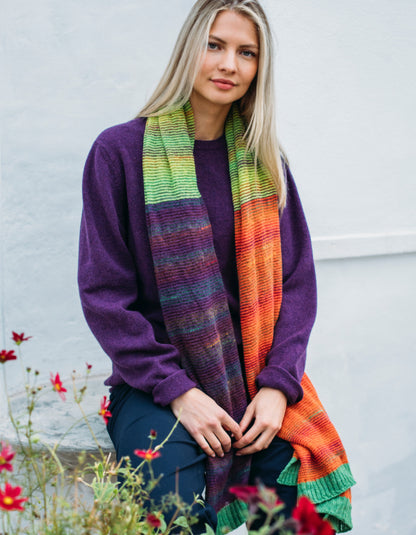 lightweight wool wrap scarf with block colour stripes in lime green orange and purple