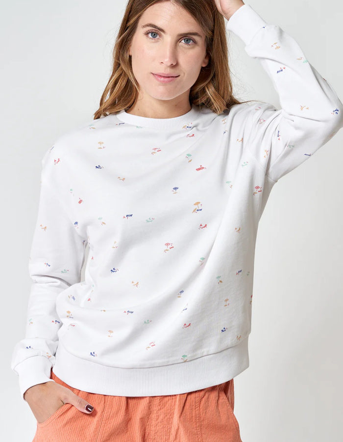 white cotton sweatshirt with allover beach print