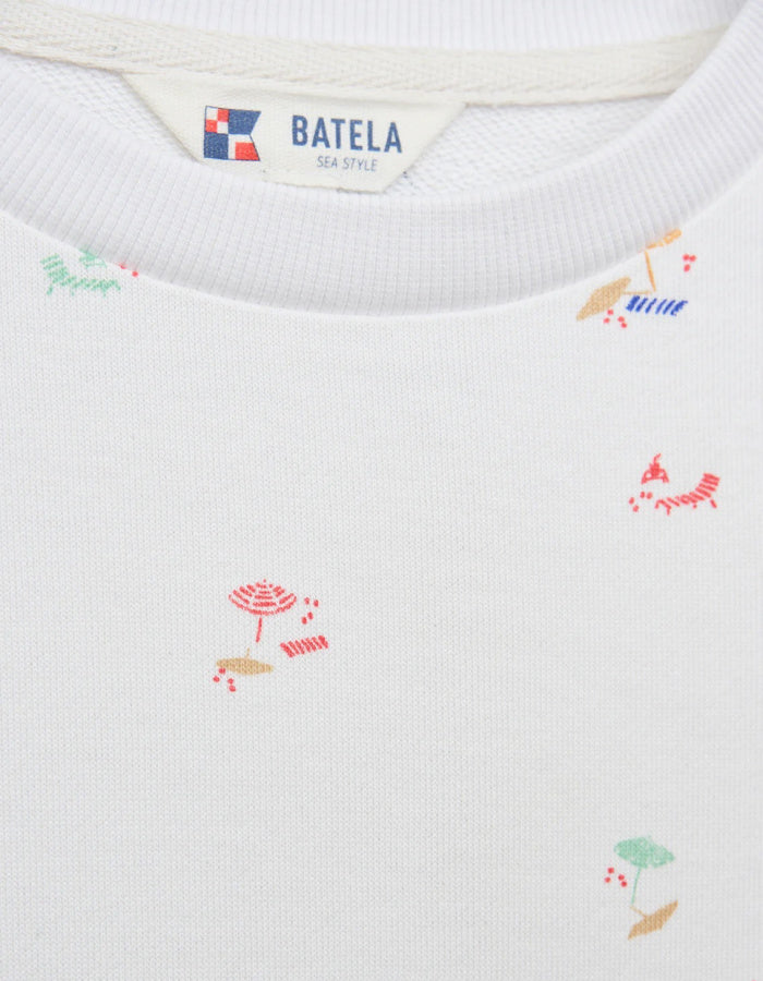 white cotton sweatshirt with allover beach print
