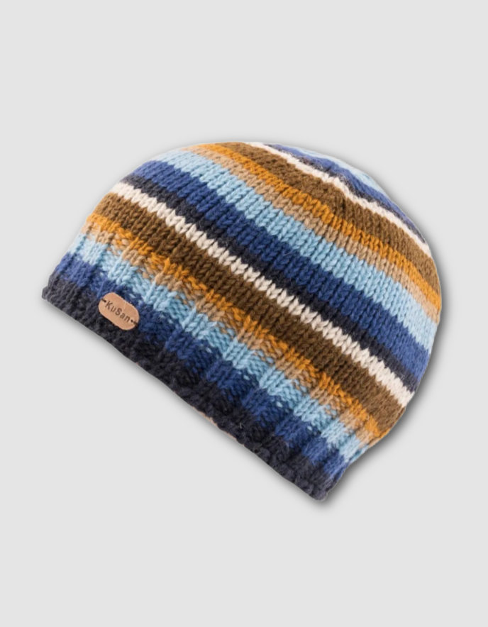 Striped knit beanie with blue, orange, and beige colors on a light gray background