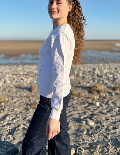 white cotton sweatshirt with allover beach print