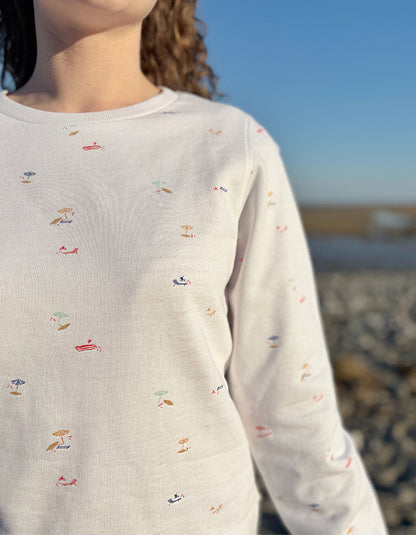 white cotton sweatshirt with allover beach print