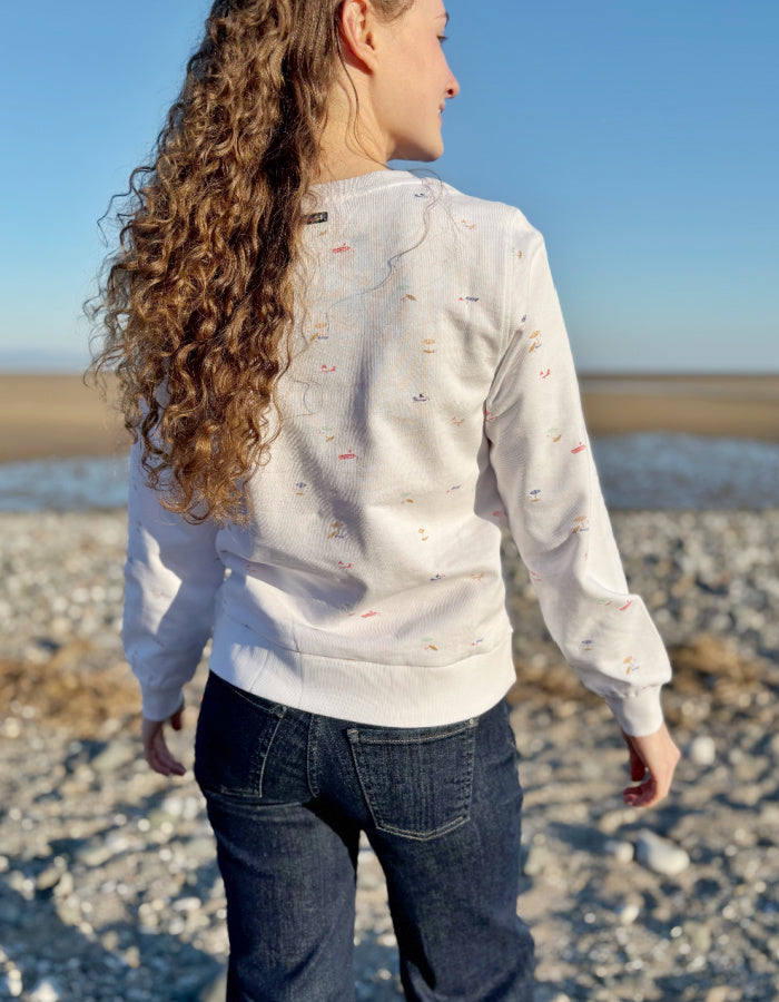 white cotton sweatshirt with allover beach print