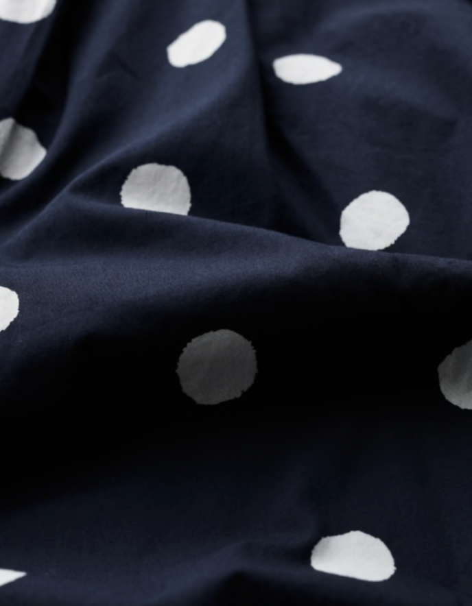 Navy blue fabric with white polka dots