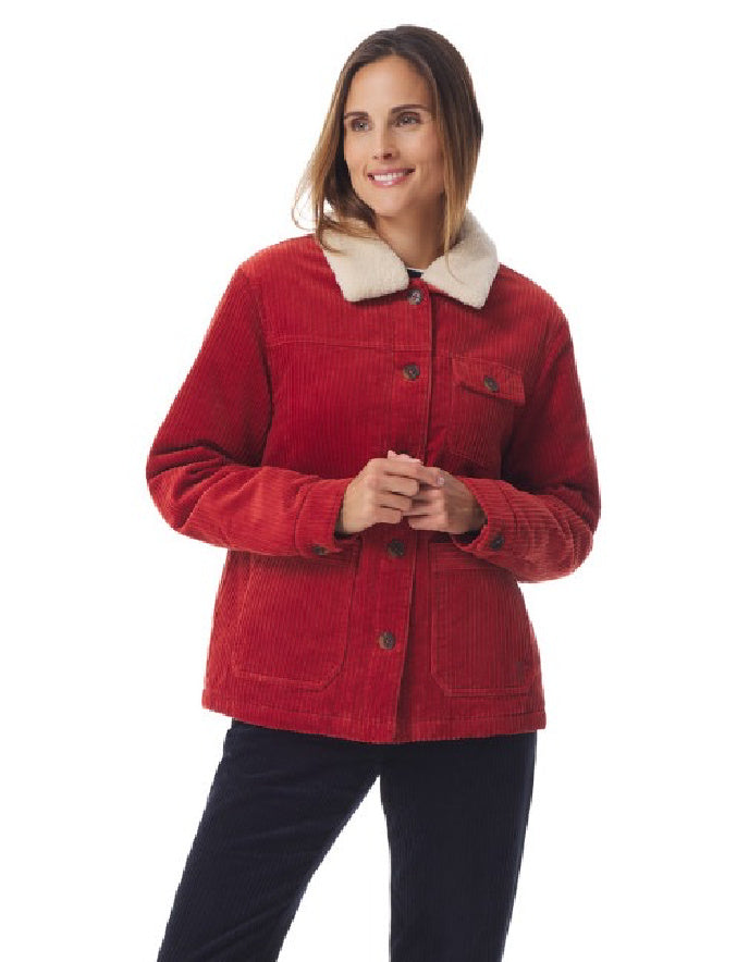 Woman wearing a red jacket with a white collar on a white background