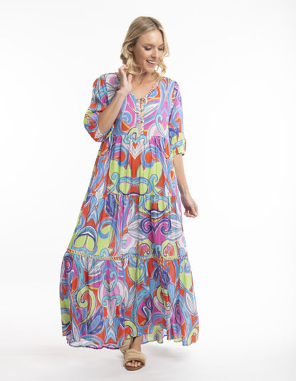 abstract baroque print maxi dress with tiered flared shape and bracelet sleeves