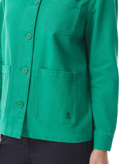 woman wearing a yellow cotton canvas fisherman smock jacket