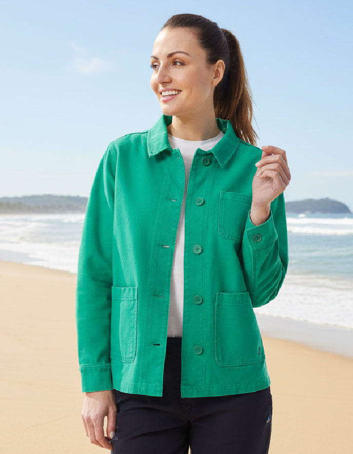 woman wearing a yellow cotton canvas fisherman smock jacket