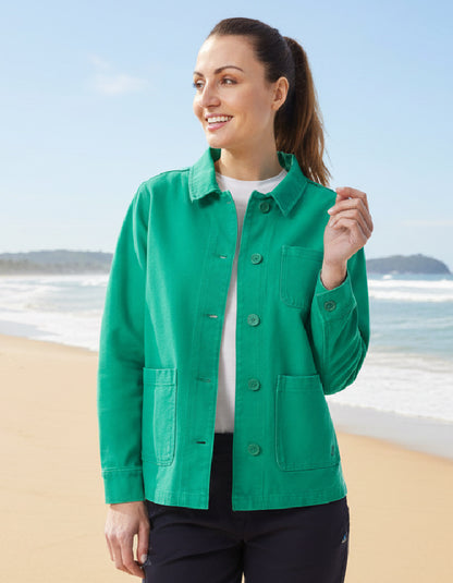 woman wearing a yellow cotton canvas fisherman smock jacket