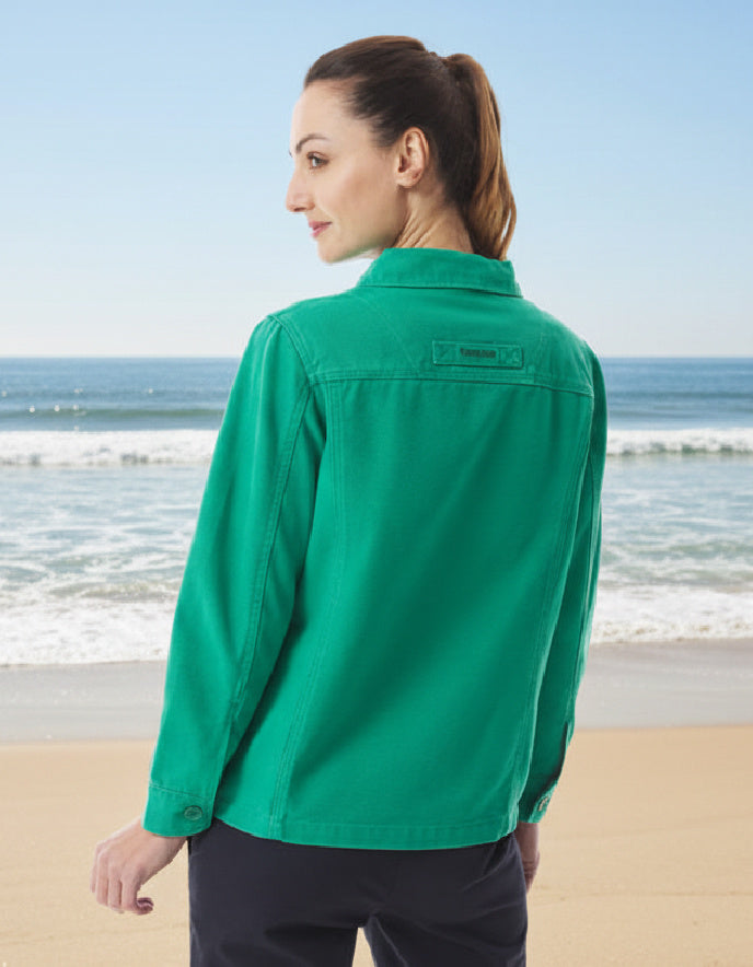 woman wearing a yellow cotton canvas fisherman smock jacket