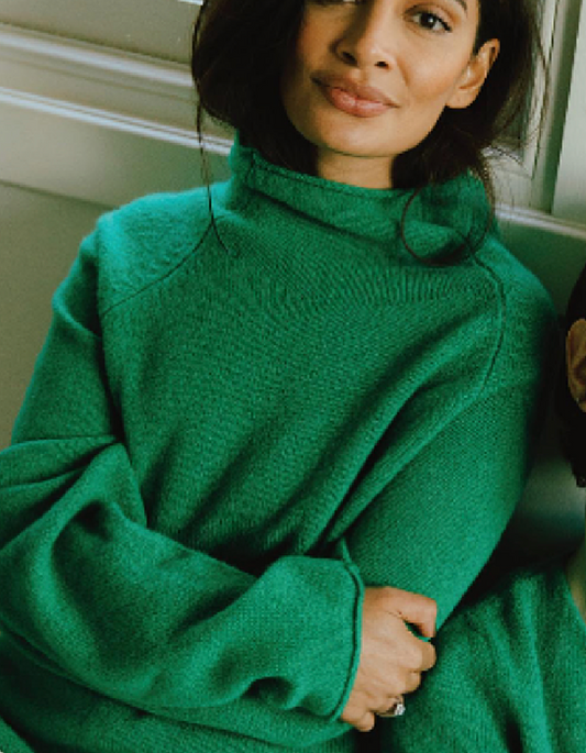billiard green merino lambswool oversized sweater with mock turtle neck