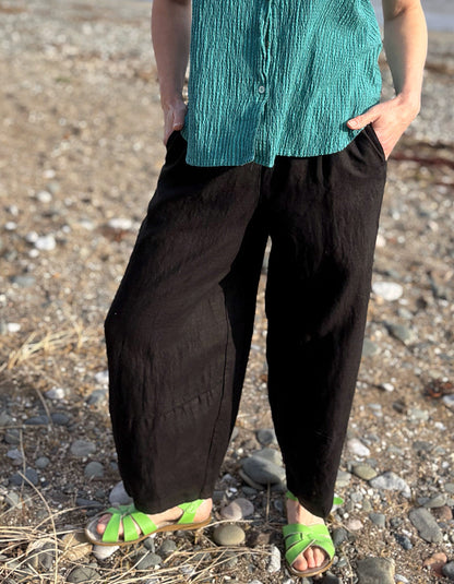 black linen lantern trousers
