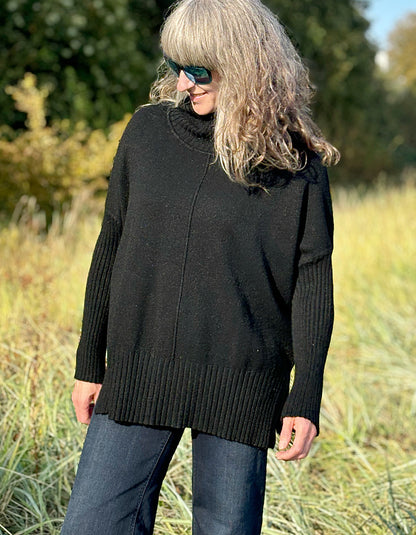 wool free, swing shape black cowl neck sweater