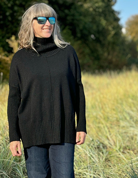 wool free, swing shape black cowl neck sweater