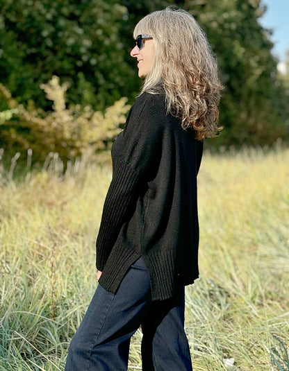 wool free, swing shape black cowl neck sweater