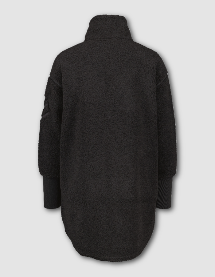 black longer length fleece jacket with full zip and deep cuffs, two side pockets