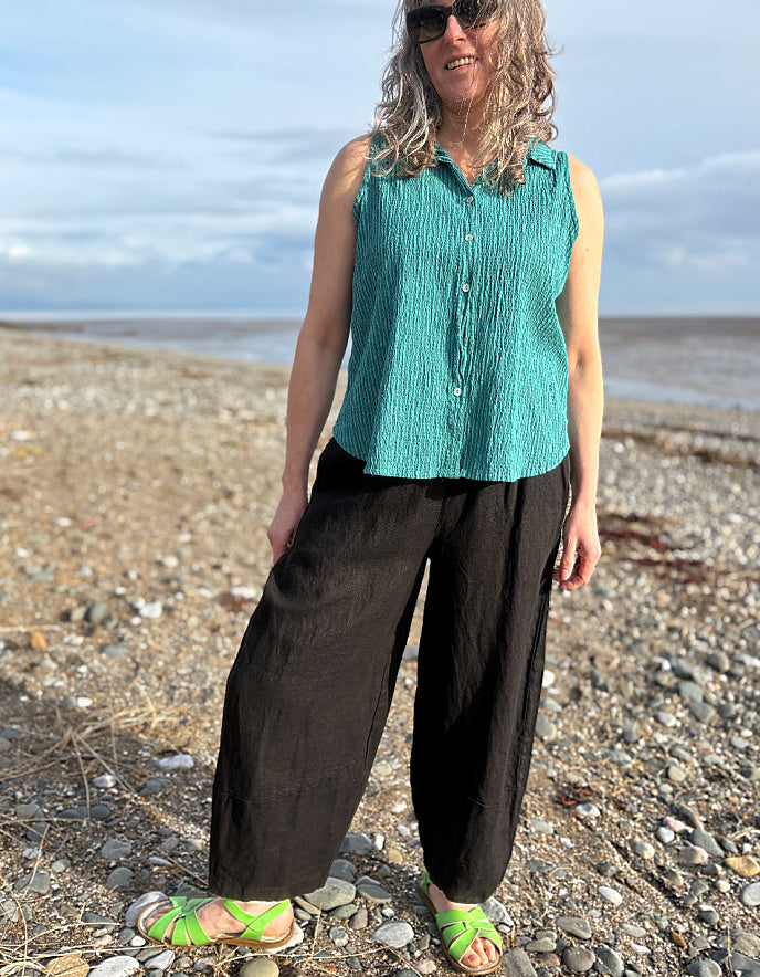 black linen lantern trousers