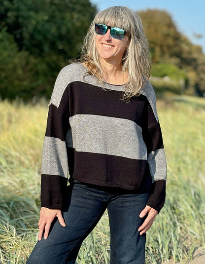 grey and black block stripe cropped viscose wool free boxy sweater