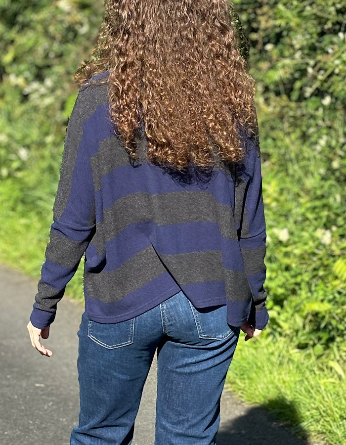 blue and grey block striped boxy cotton knit jumper