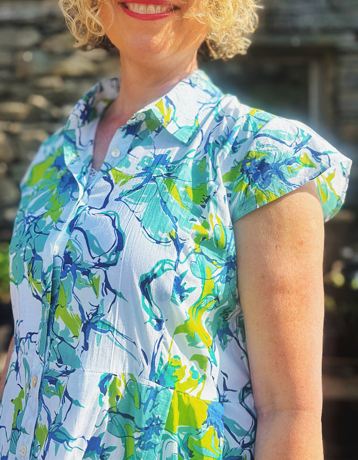 blue and lime cotton summer shirt style dress, knee length with capped sleeves