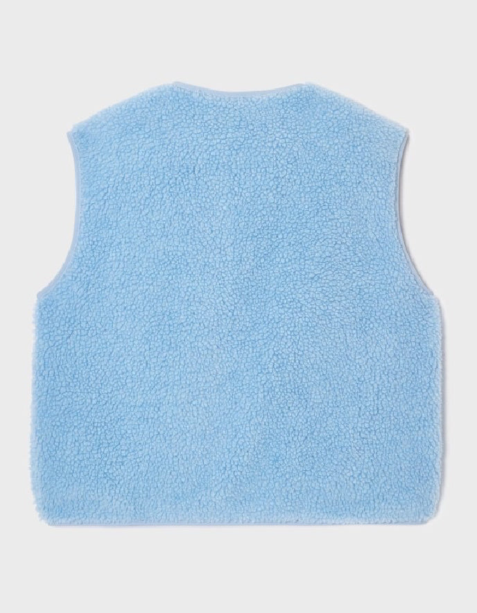 A light blue fleece vest shown from the back, photographed flat against a light gray background.