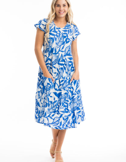 blue and white cotton summer dress with short sleeves and front pockets