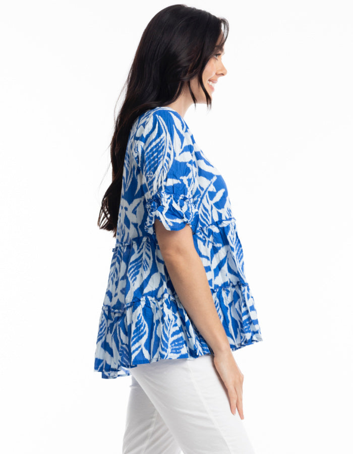 blue and white cotton tiered top with 3/4 length sleeves