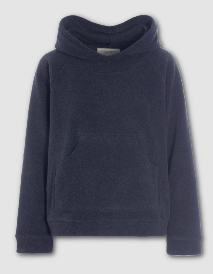 A dark navy blue hooded sweatshirt with a front kangaroo pocket, displayed against a light gray background.