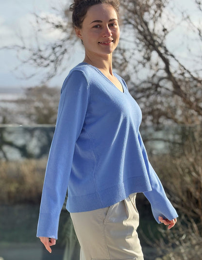 soft viscose V neck sweater in sky blue