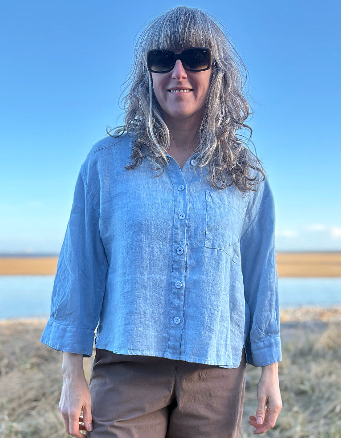 pale blue linen shirt with 3/4 sleeve