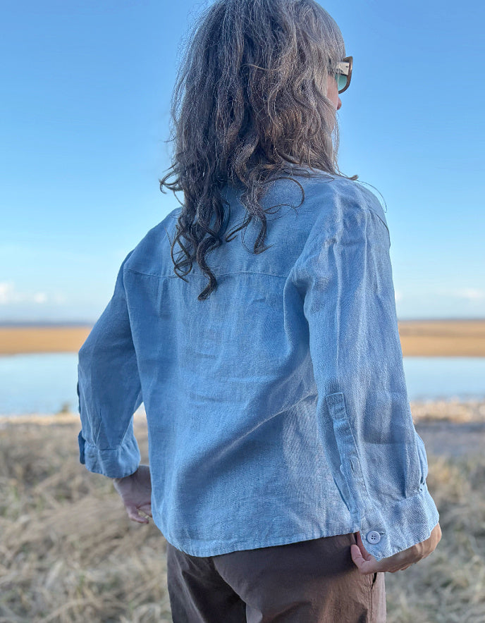 pale blue linen shirt with 3/4 sleeve