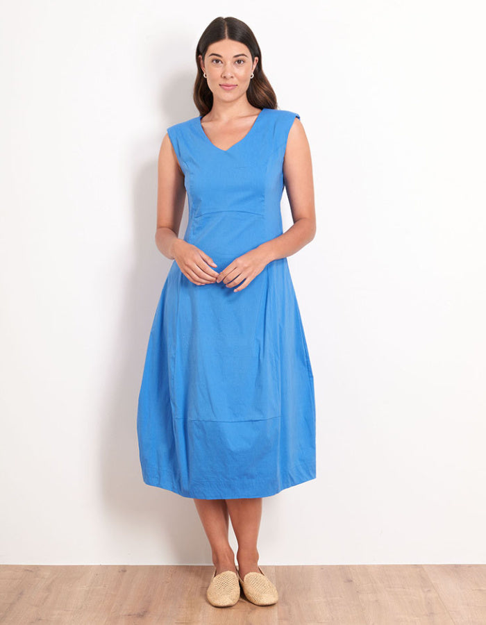 stretchy trapeze midi length bubble dress with v neckline and sleeveless design in stunning cornflower blue colour