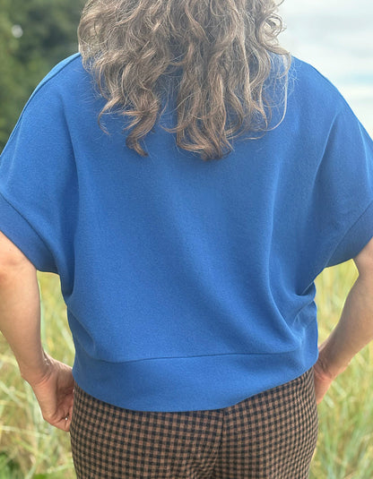 A person viewed from behind wearing a bright blue short-sleeve top and brown-and-black checkered pants, standing outdoors in a grassy field.