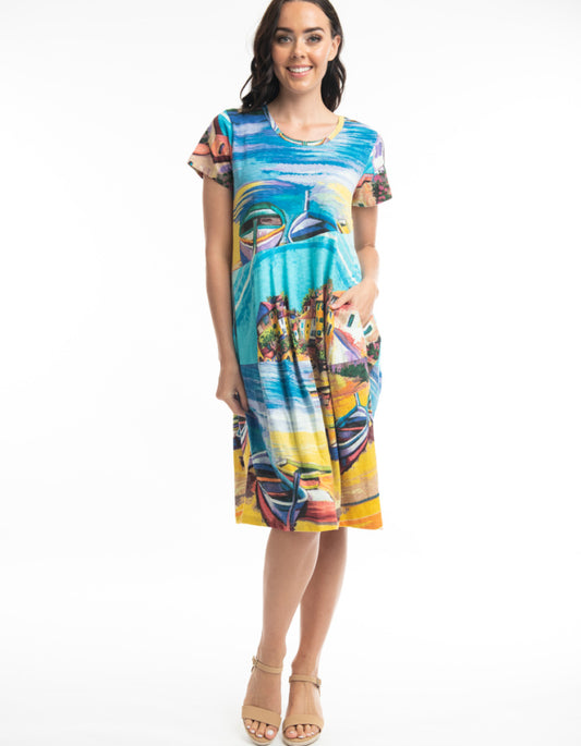 cotton jersey bubble dress with short sleeves and bright coloured boat print