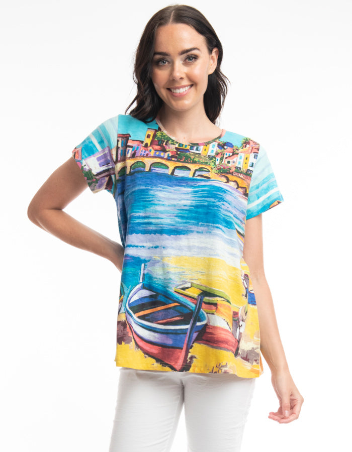 cotton swing t shirt with short sleeves and bright coloured boat print